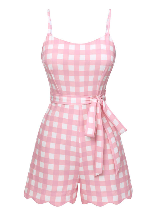 Pink 1950s Plaid Spaghetti Strap Romper