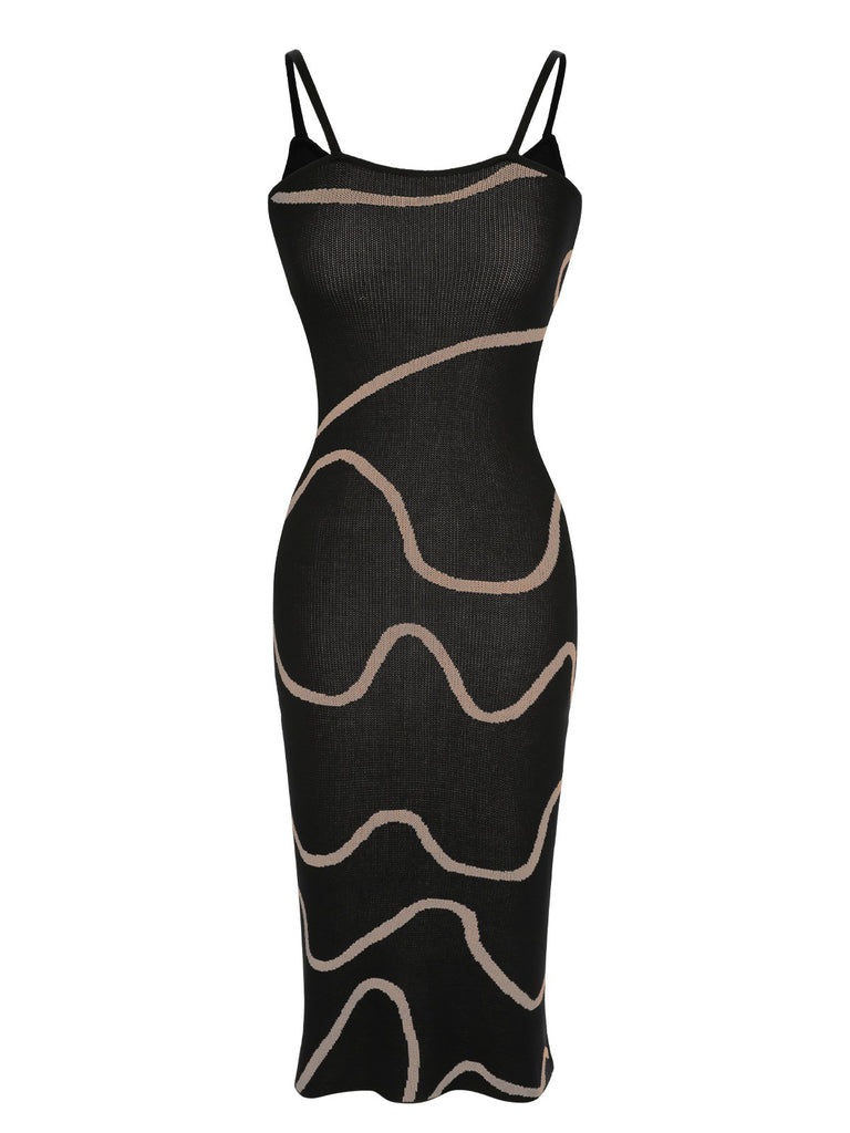 Black 1960s Knit Spaghetti Straps Bodycon Dress