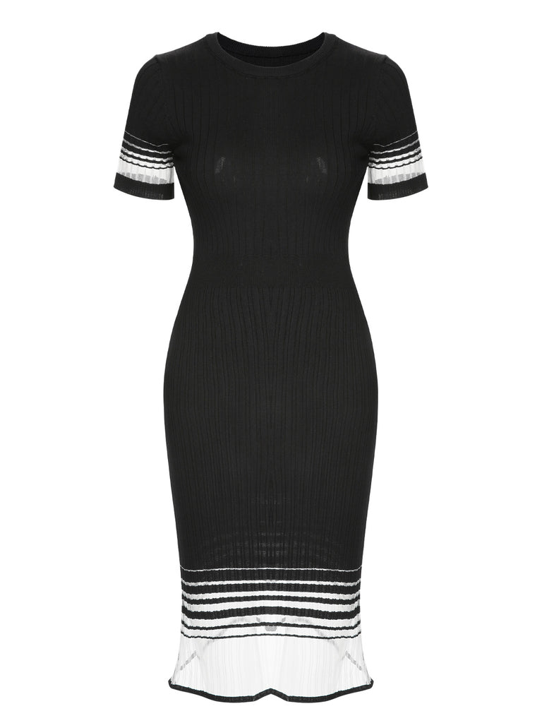 Black 1930s Gradient Stripes Knitted Dress