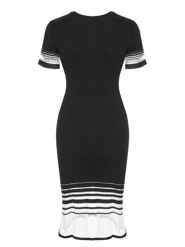 Black 1930s Gradient Stripes Knitted Dress