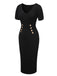 Black 1960s Solid V-Neck Buttons Dress