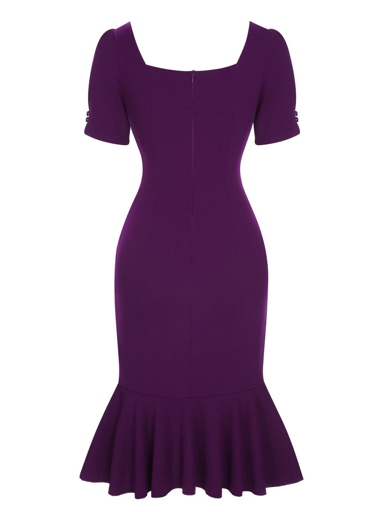 Deep Purple 1960s Solid Gigot Sleeve Ruffles Dress