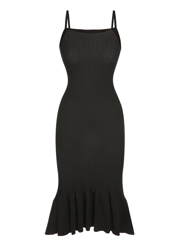 Black 1930s Spaghetti Strap Knitted Fishtail Dress