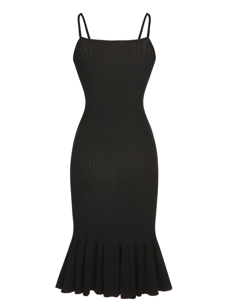 Black 1930s Spaghetti Strap Knitted Fishtail Dress