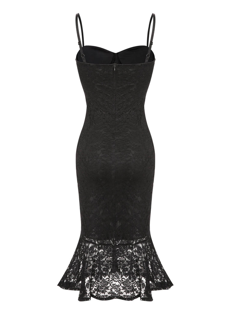 Black 1930s Lace Spaghetti Strap Mermaid Dress