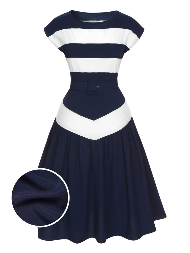 Dark Blue 1940s Boat Neck Stripe Dress