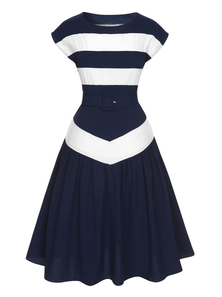 Dark Blue 1940s Boat Neck Stripe Dress