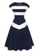 Dark Blue 1940s Boat Neck Stripe Dress