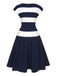 Dark Blue 1940s Boat Neck Stripe Dress