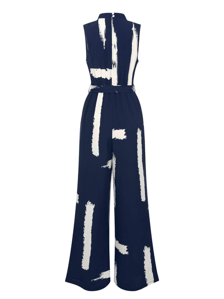 Dark Blue 1940s Brush Print Jumpsuit With Belt