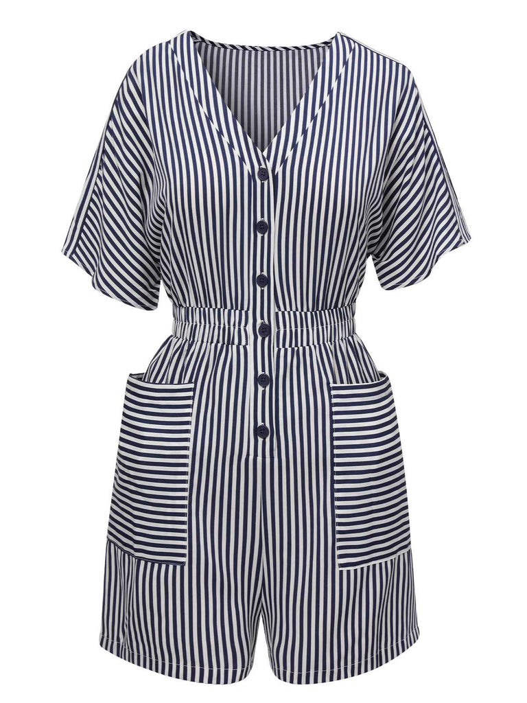 Dark Blue 1950s V-Neck Pockets Stripes Romper