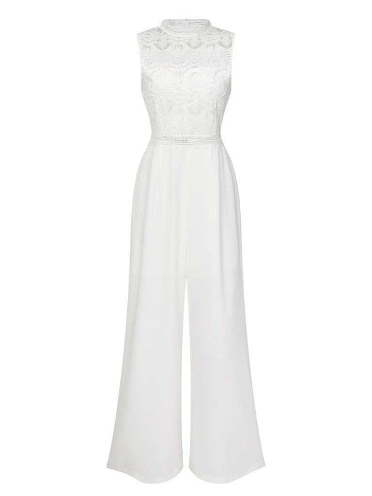 White 1930s Stand Collar Lace Jumpsuit