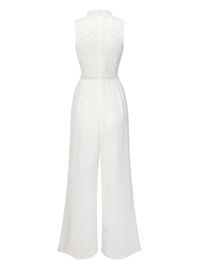 White 1930s Stand Collar Lace Jumpsuit