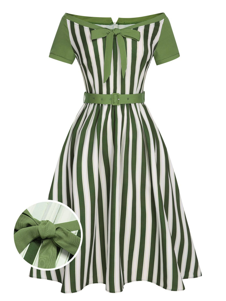 Green 1940s Off-Shoulder Stripes Bow Belted Dress