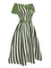 Green 1940s Off-Shoulder Stripes Bow Belted Dress