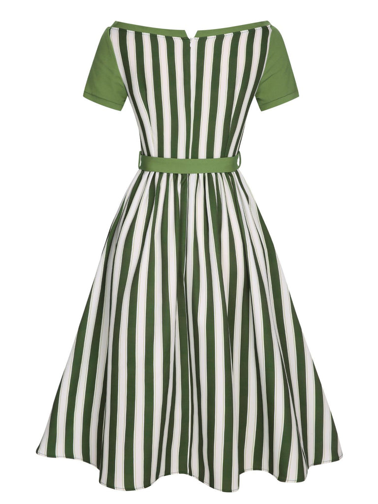 Green 1940s Off-Shoulder Stripes Bow Belted Dress