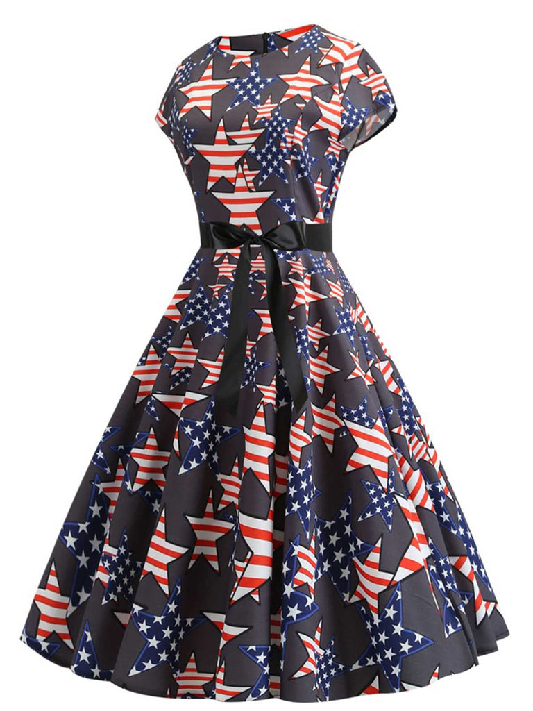 1950s Round Neck Stars Belted Dress