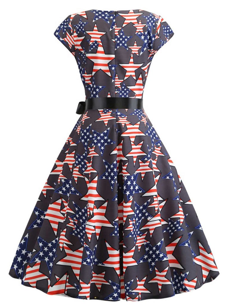 1950s Round Neck Stars Belted Dress