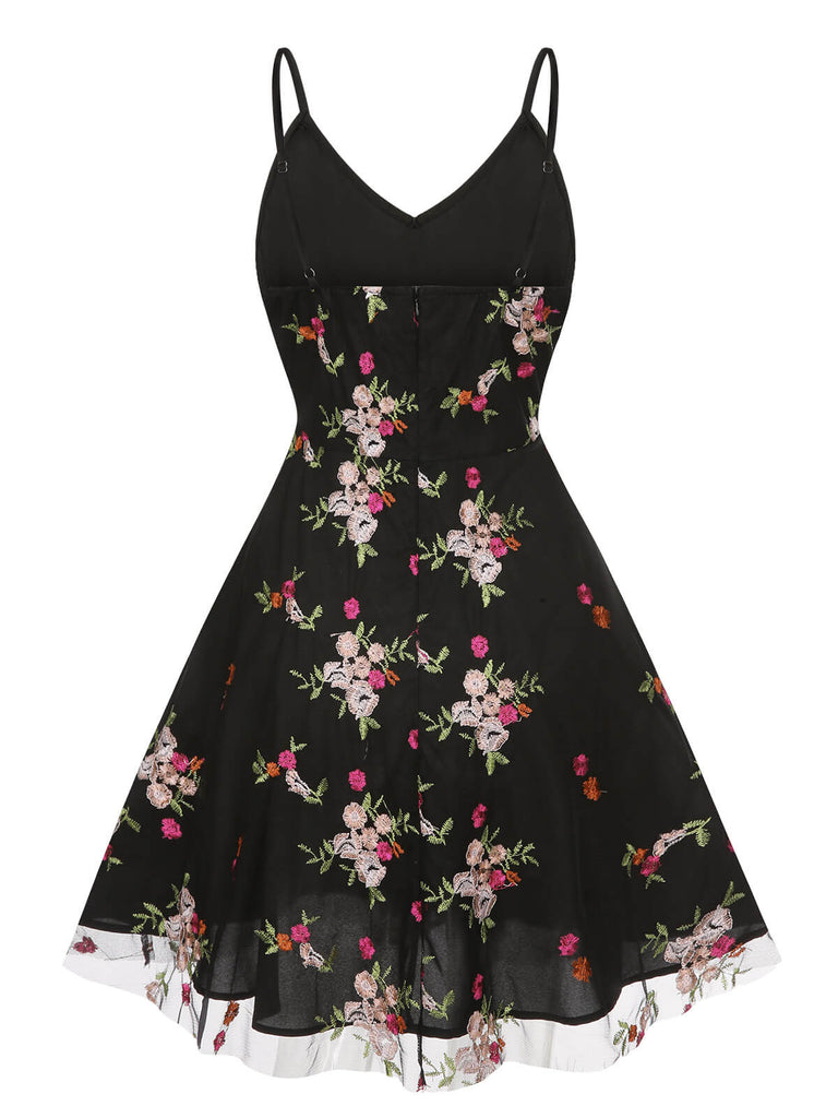 Black 1970s Floral Embroidered Mesh Strap Dress