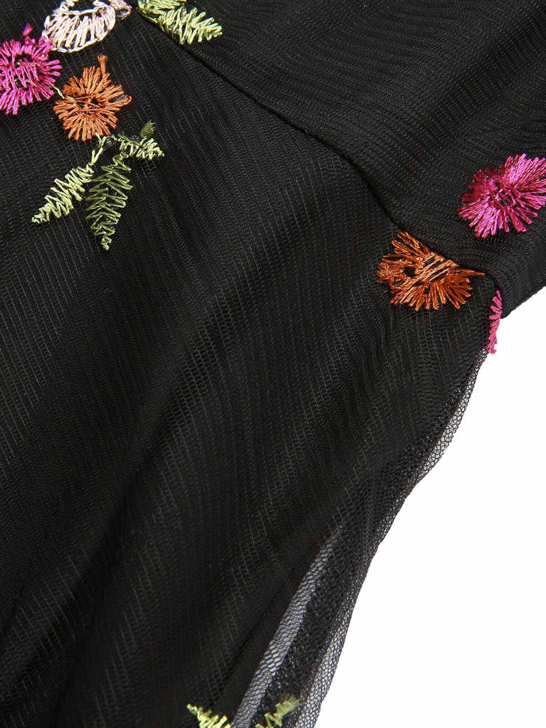 Black 1970s Floral Embroidered Mesh Strap Dress