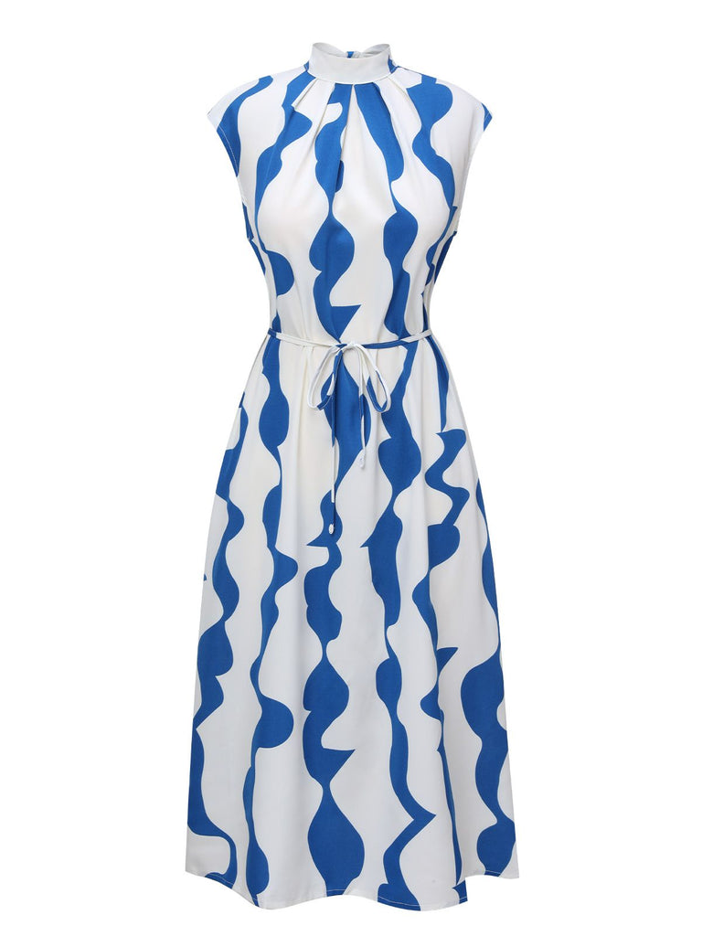 Blue & White 1940s Curves Stand Collar Belt Dress