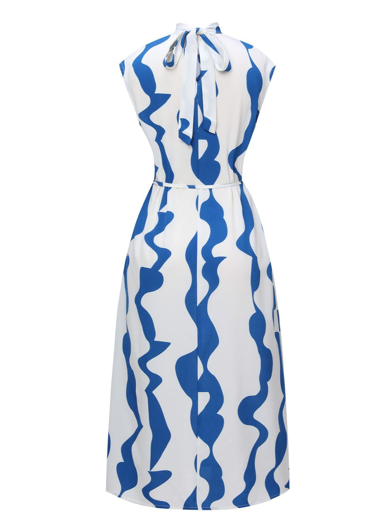 Blue & White 1940s Curves Stand Collar Belt Dress