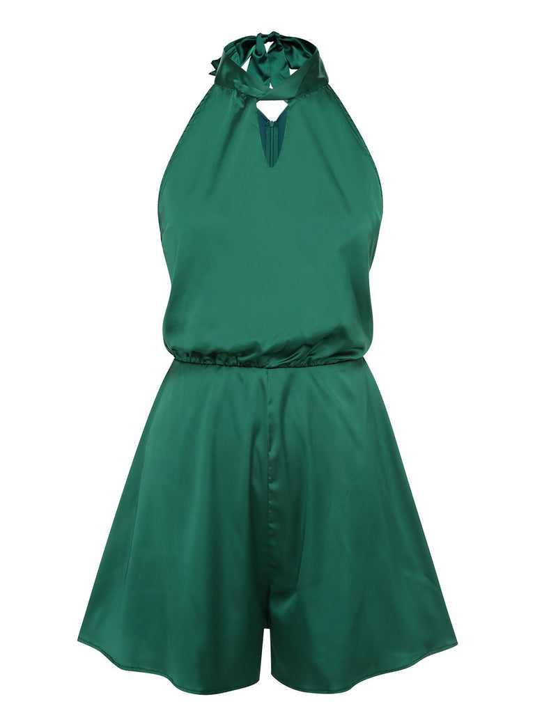 Dark Army Green 1950s Solid Satin Lace-Up Romper