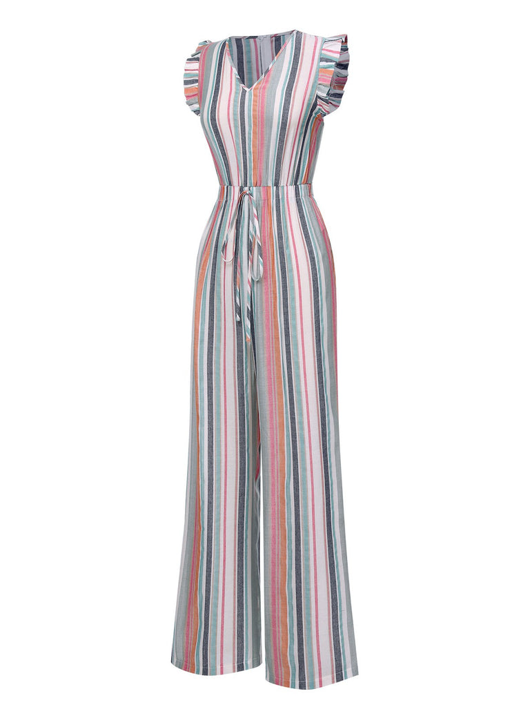 Multicolor 1930s Bayadere Stripes V-Neck Jumpsuit