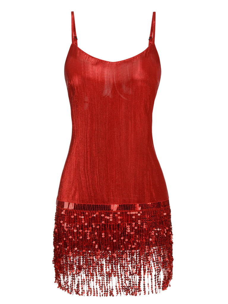 [Pre-Sale] Red 1970s Sequins Spaghetti Strap Latin Dress