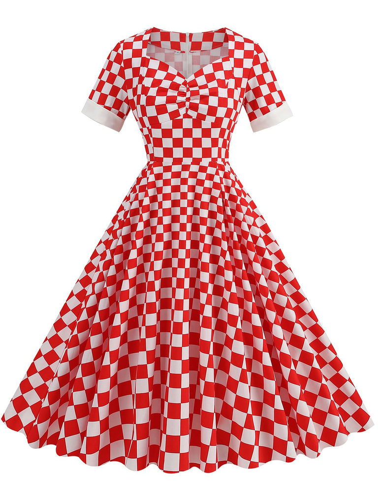 Red 1950s Sweetheart Neck Plaids Dress