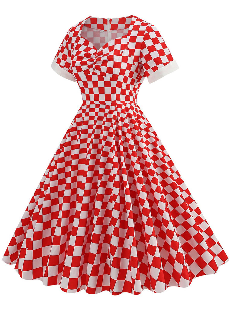 Red 1950s Sweetheart Neck Plaids Dress