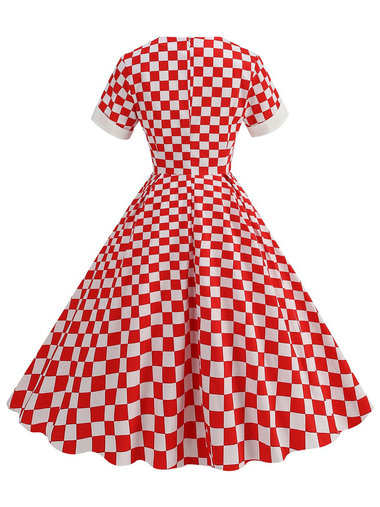 Red 1950s Sweetheart Neck Plaids Dress