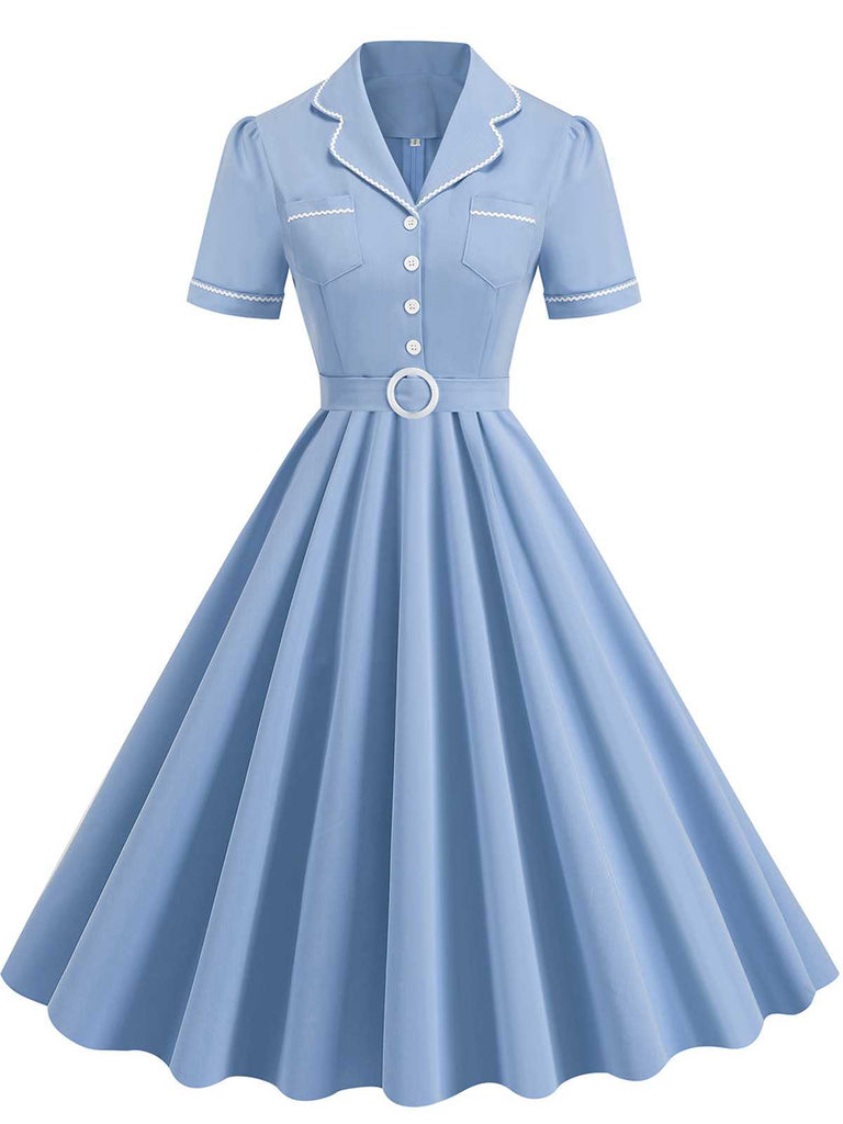 1950s Lapel Belted Solid Dress