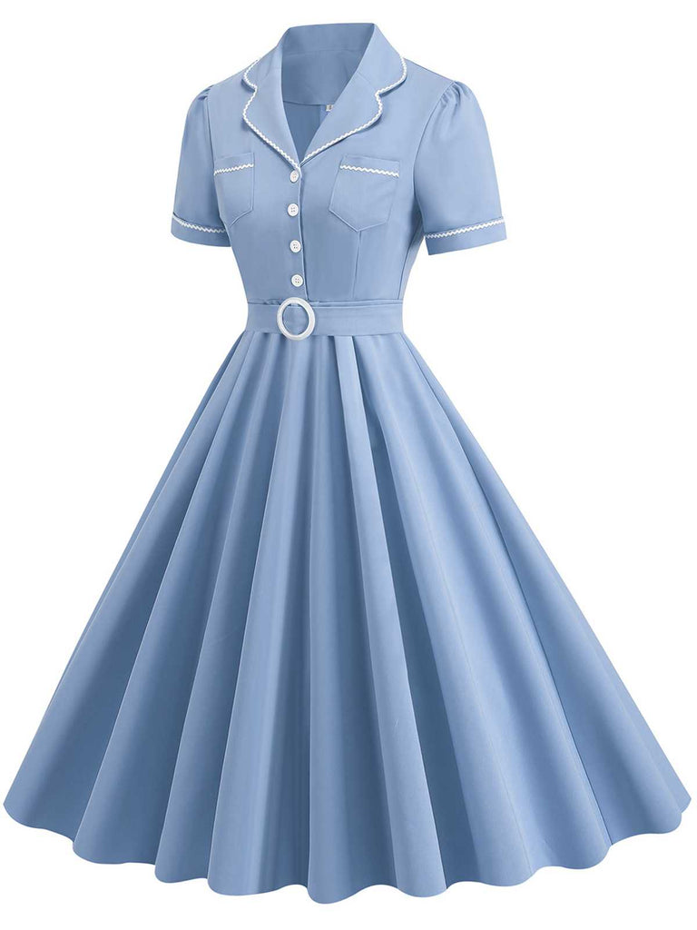 1950s Lapel Belted Solid Dress