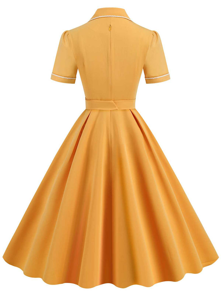 1950s Lapel Belted Solid Dress