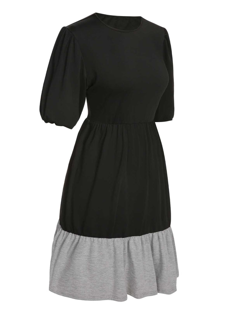 Black 1930s Patchwork Lantern Sleeve Dress