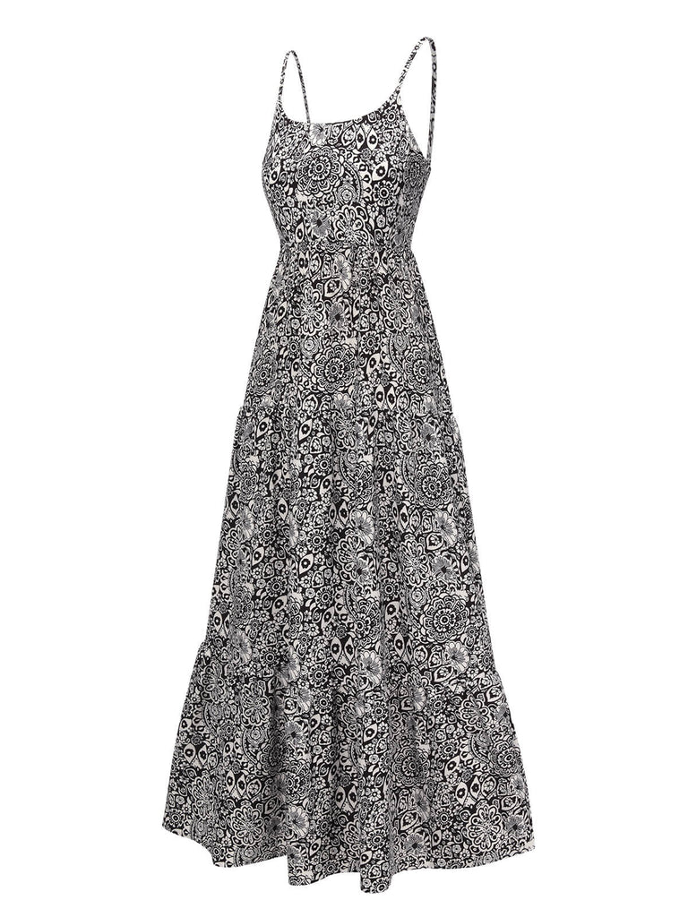 Black 1930s Mandala Print Strap Dress