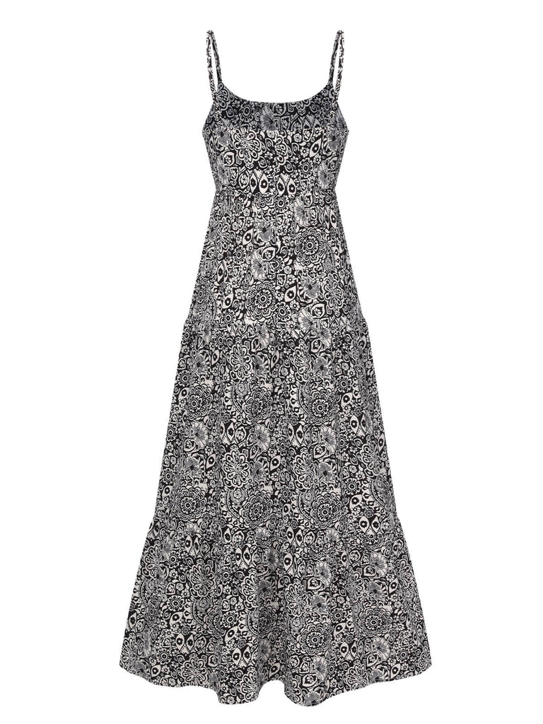 Black 1930s Mandala Print Strap Dress