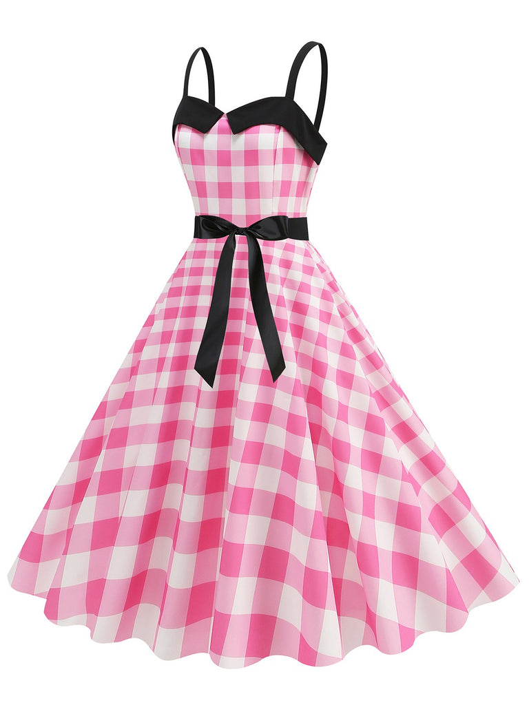 Pink 1950s Plaid Patchwork Spaghetti Straps Dress