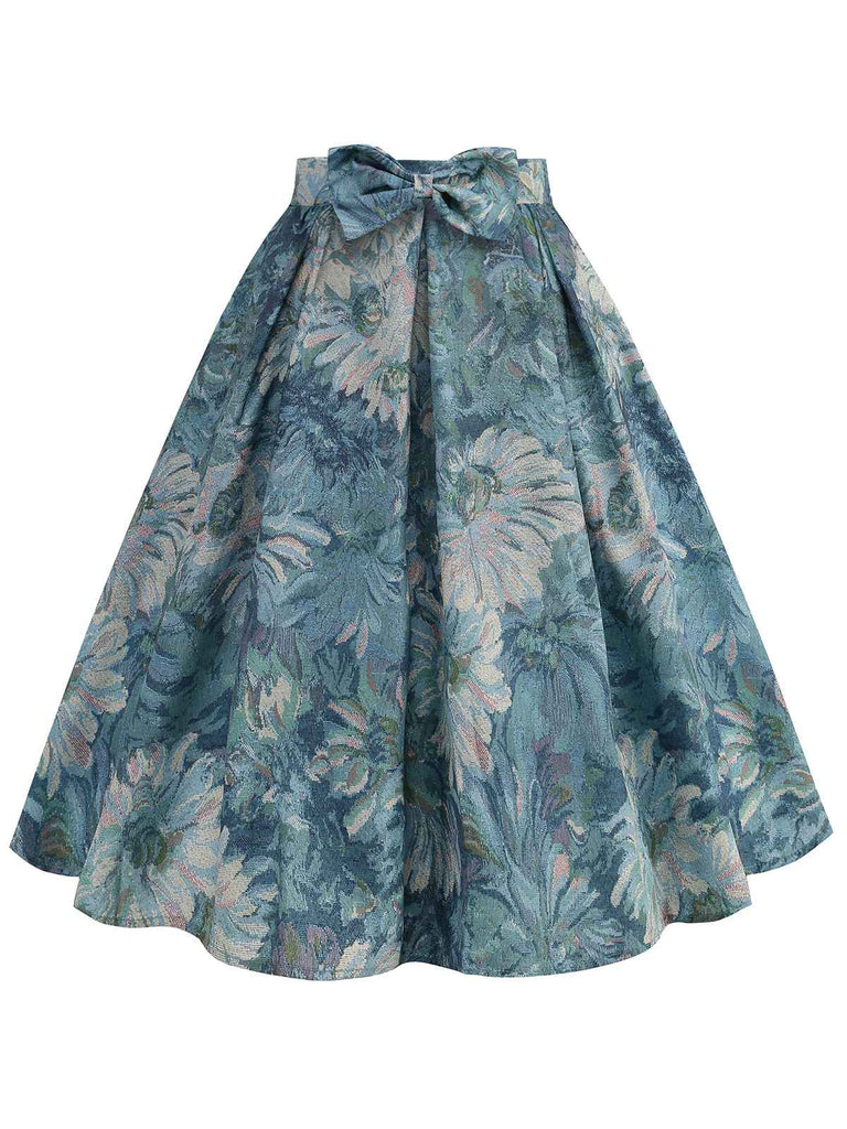 Retro Blue 1950s Lotus Painting Bow Skirt