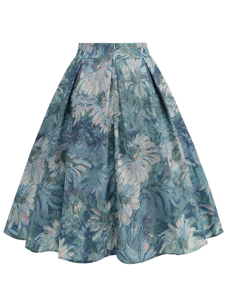 Retro Blue 1950s Lotus Painting Bow Skirt