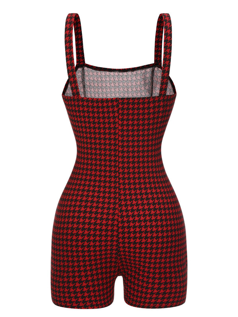 Red 1950s Spaghetti Strap Button Plaids Romper