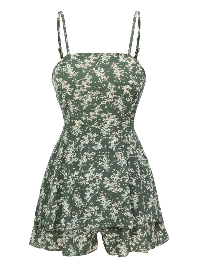 Green 1950s Spaghetti Strap Ditsy Floral Romper