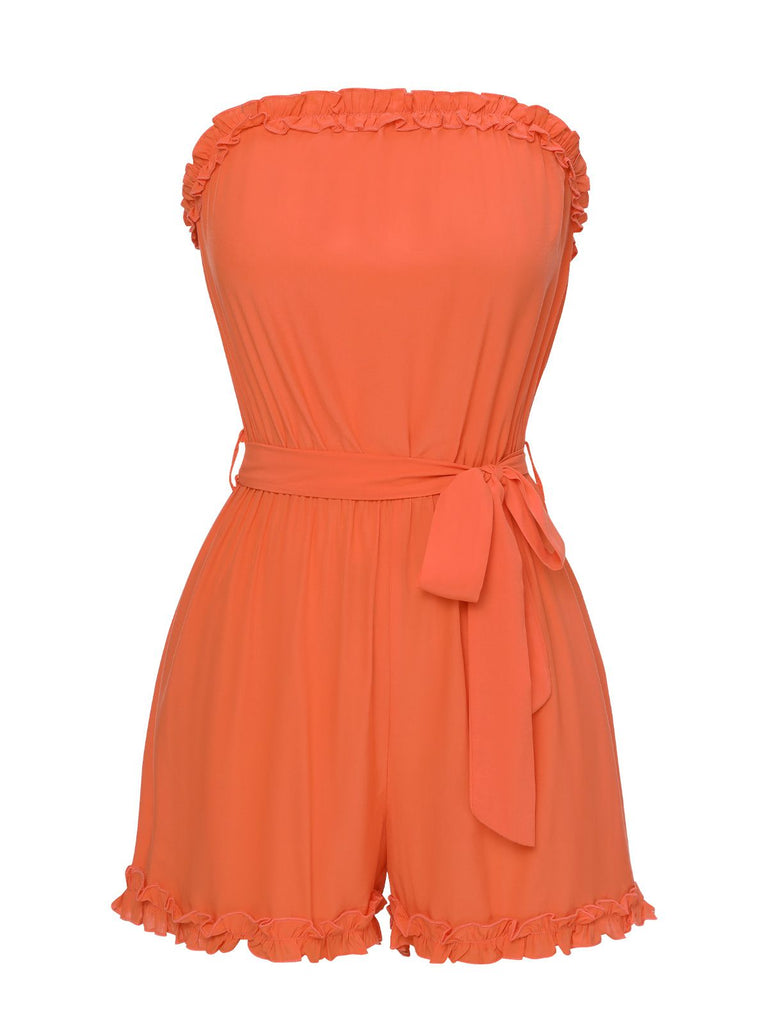 Orange Red 1950s Solid Belt Bandeau Romper