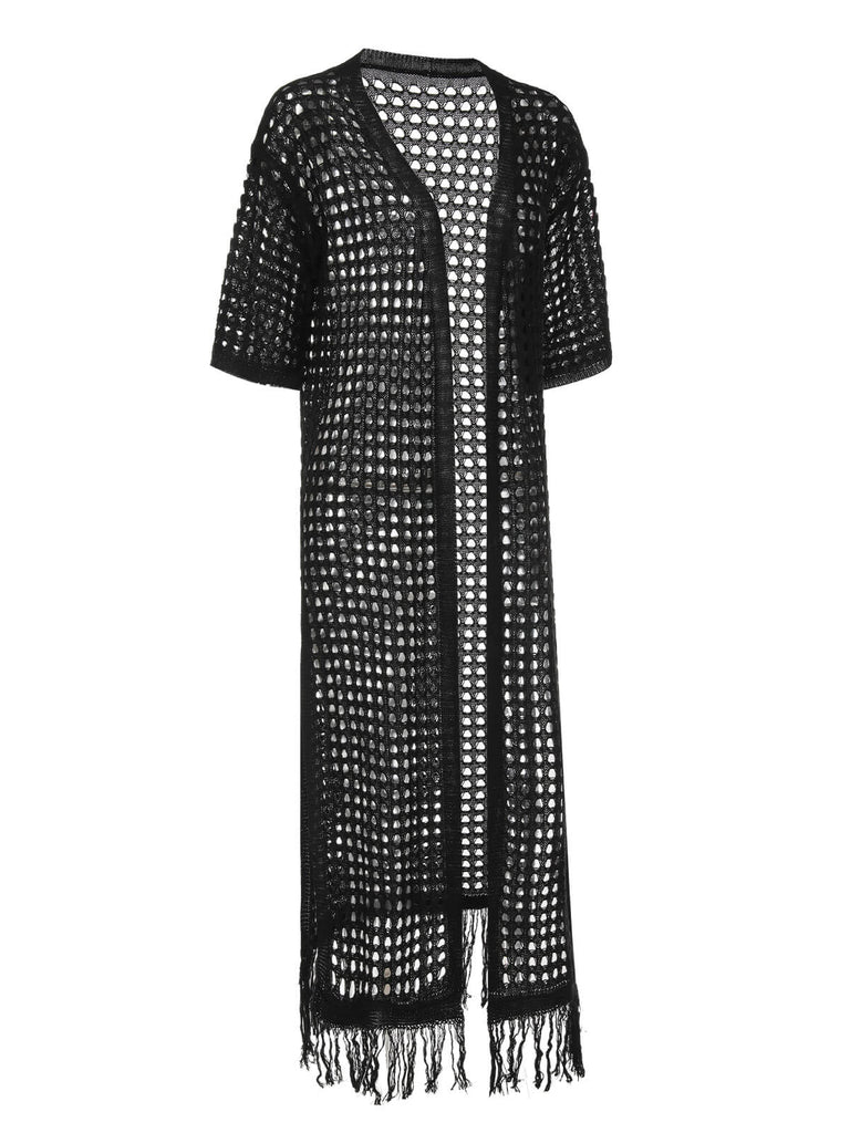 Black 1960s Plaid Hollow Crochet Long Cover-Up