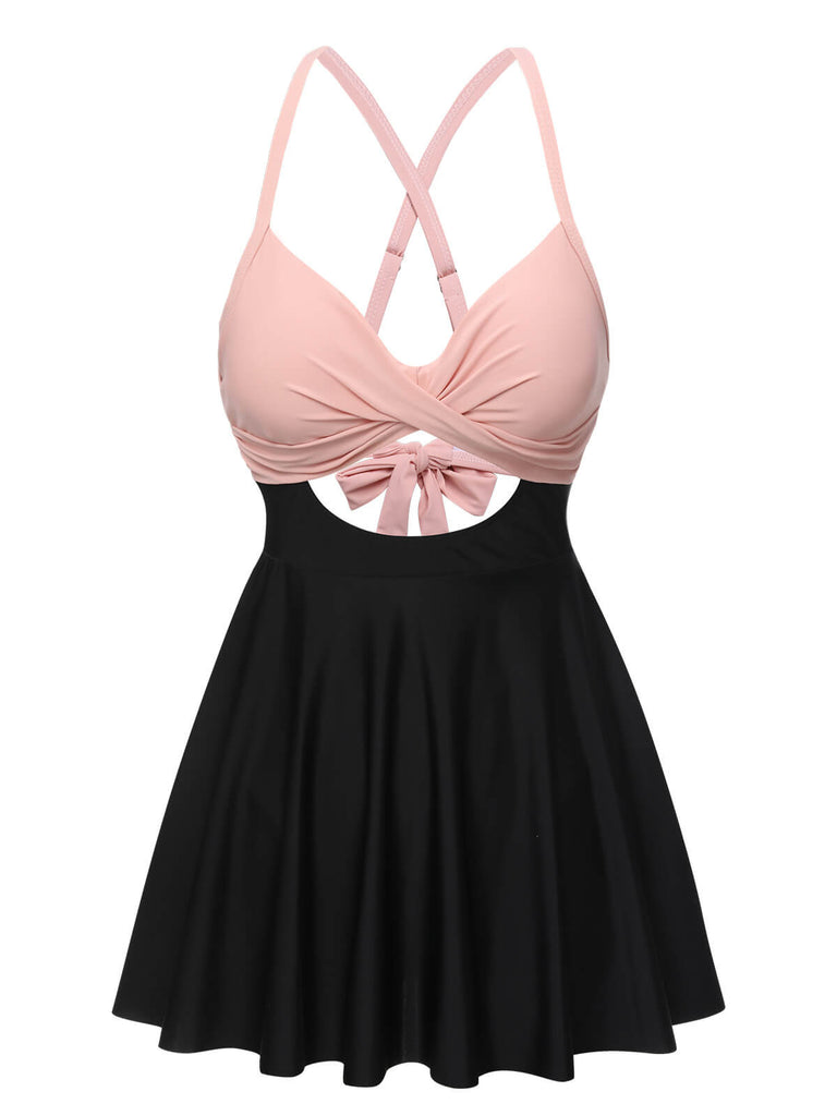 Pink & Black 1940s Front Cutout Strap Swimsuit