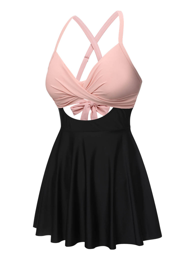 Pink & Black 1940s Front Cutout Strap Swimsuit