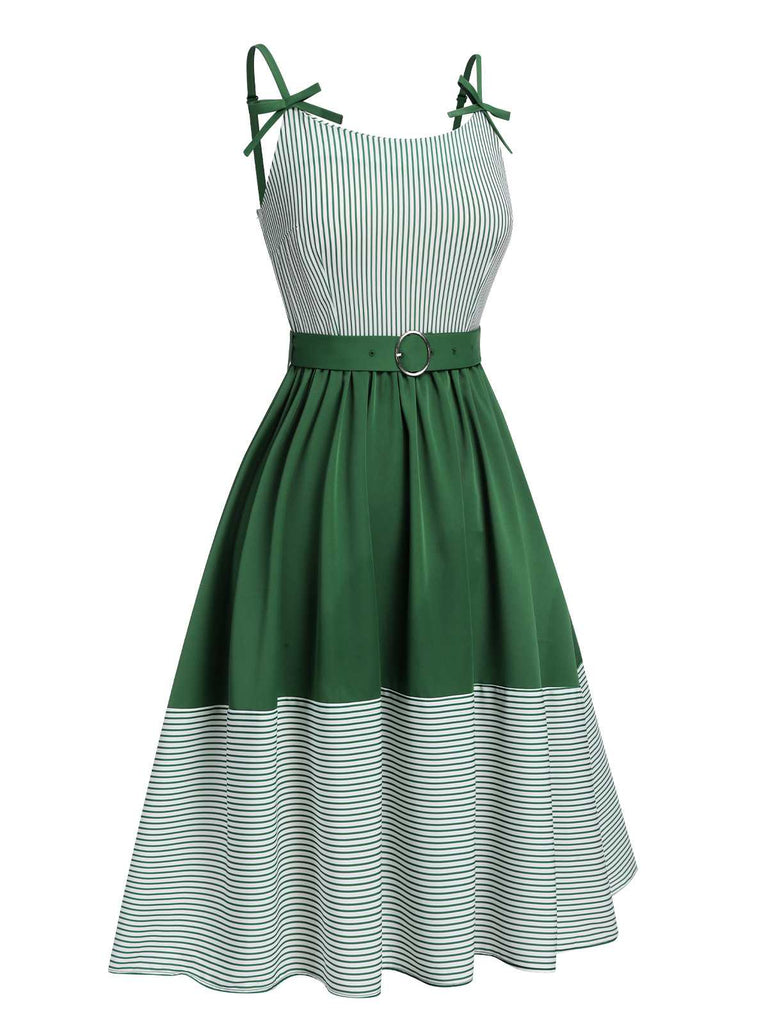 [Pre-Sale] Green 1940s Spaghetti Strap Stripes Patchwork Belted Dress