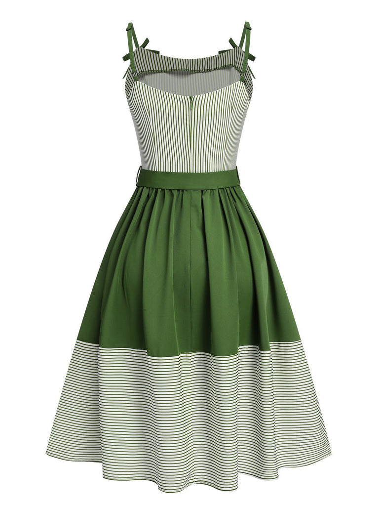 Green 1940s Spaghetti Strap Stripes Patchwork Belted Dress