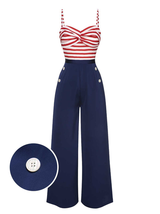 Dark Blue 1930s Spaghetti Strap Stripes Jumpsuit